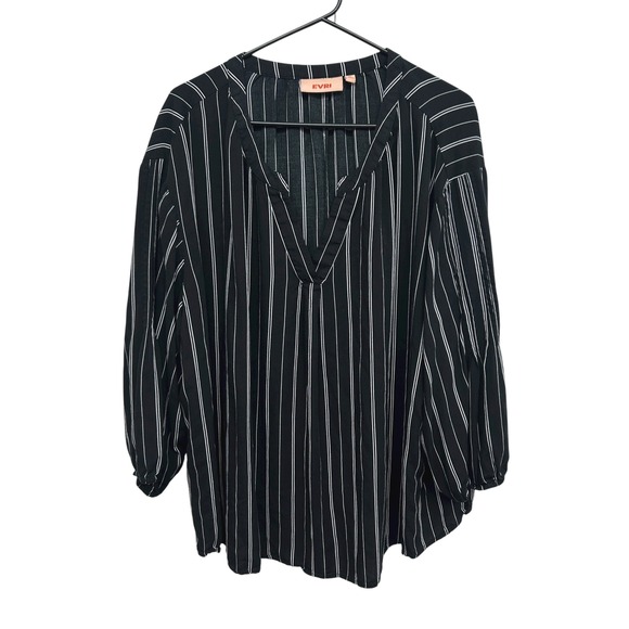 EVRI Plus 3X Black White Stripe Blouse V Neck Minimalist Career Top - Picture 1 of 6